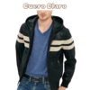 CUEROCLARO men black leather hoodie jacket with white stripes