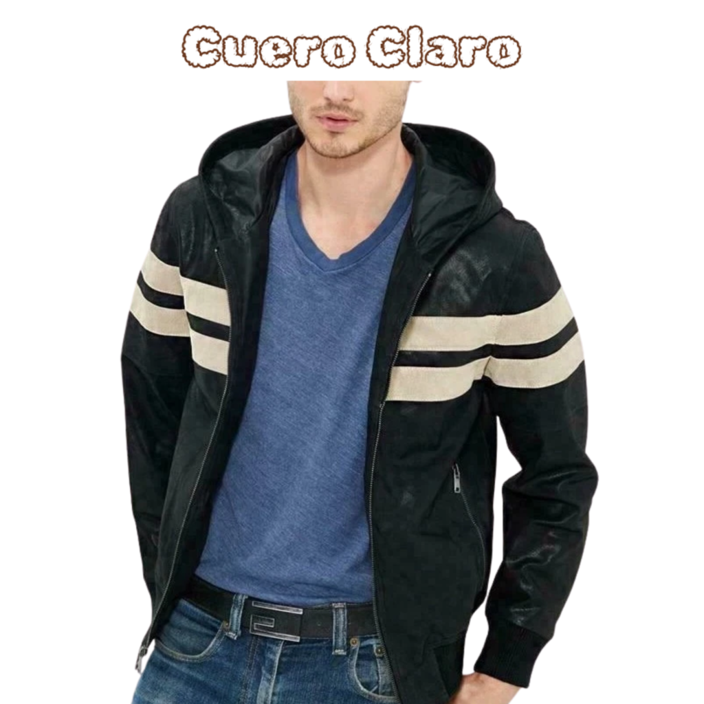 CUEROCLARO men black leather hoodie jacket with white stripes