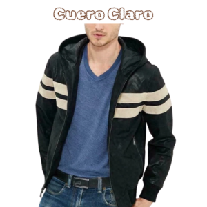 CUEROCLARO men black leather hoodie jacket with white stripes