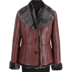 Luxury Burgundy Shearling Leather Jacket with Grey Fur Trim – Women’s Winter Coat