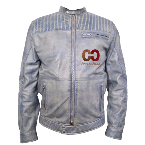 CUEROCLARO men vintage blue biker leather jacket quilted shoulder