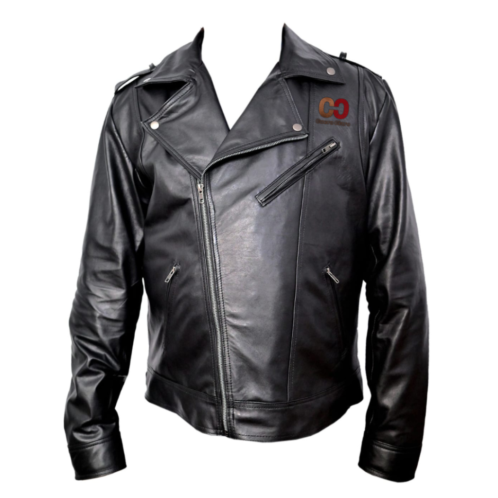 CUEROCLARO men classic black leather biker jacket asymmetrical zipper