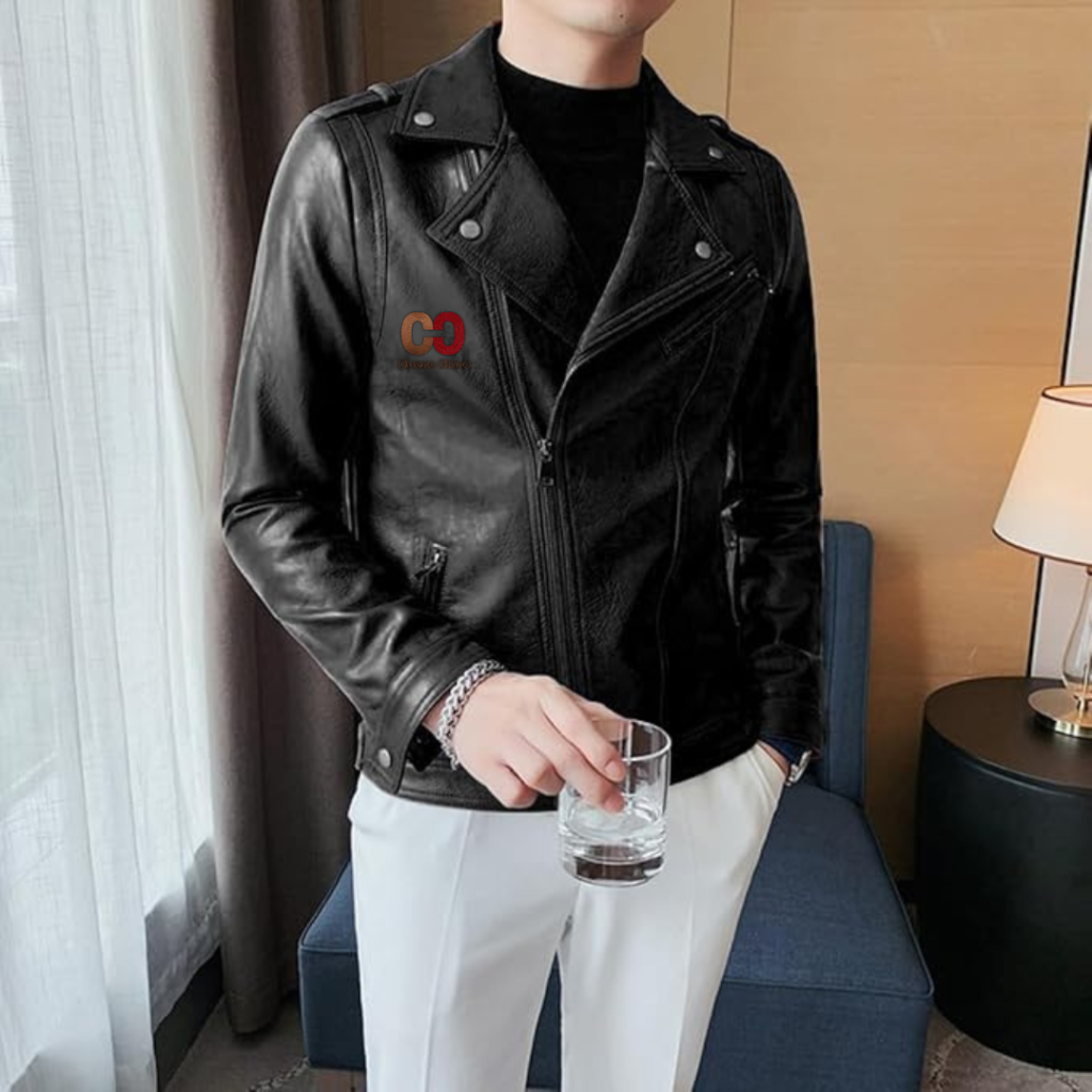 CUEROCLARO men classic black genuine leather biker jacket