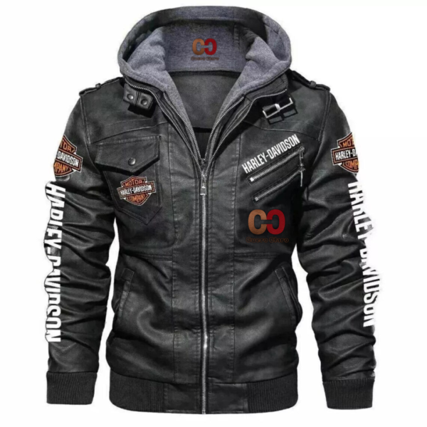 Harley-Davidson men black leather biker jacket with removable hoodie
