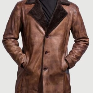 Men’s Classic Brown Shearling Leather Coat with Fur Lined Lapel