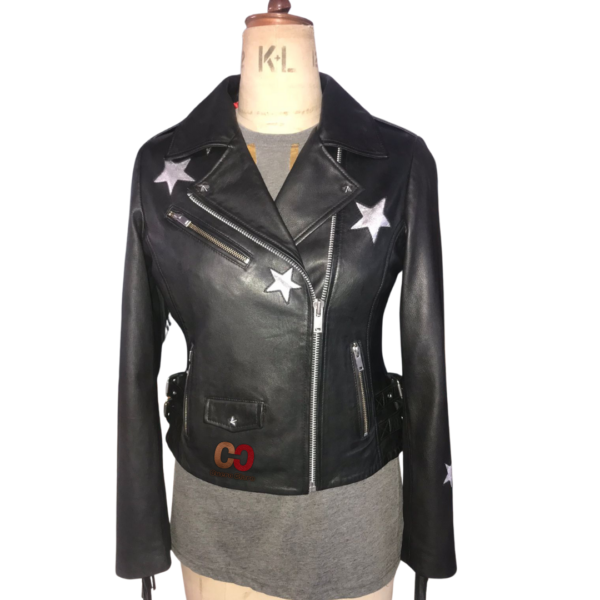 CUEROCLARO women star studded black leather biker jacket
