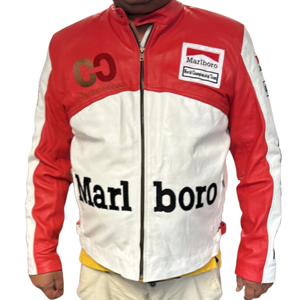 CUEROCLARO men Marlboro racing red and white leather biker jacket